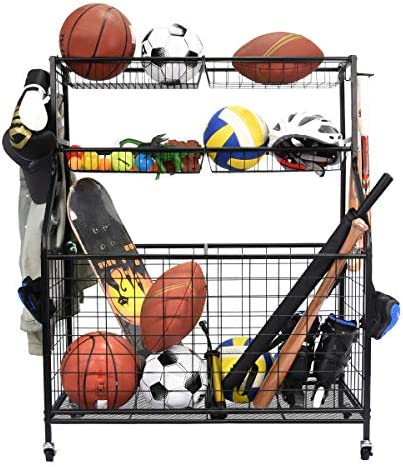 Kinghouse Garage Sports Equipment Organizer, Ball Storage Rack, Garage Ball Storage, Sports Gear Storage, Garage Organizer with Baskets and Hooks, Rolling Sports Ball Storage Cart, Black, Steel post thumbnail image