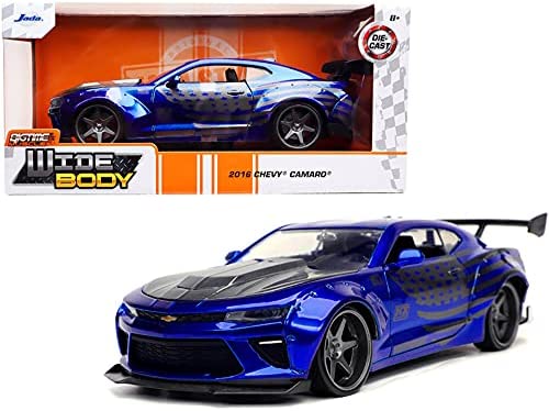 2016 Chevy Camaro Widebody Candy Blue with Gray Metallic Hood and American Flag Graphics Bigtime Muscle Series 1/24 Diecast Model Car by Jada 32993 post thumbnail image