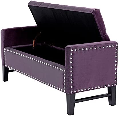 Iconic Home Lance Velvet Modern Contemporary Button Tufted with Silver Nailheads Deco on Frame Storage Lid Can Stop at Any Position Bench, Plum (SB13-14PM-N1-AN) post thumbnail image