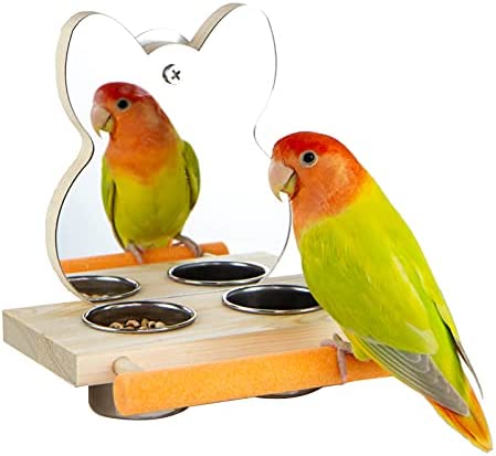 PANQIAGU Parrot Mirror Toy with Stainless Steel Feeding Cups Bird Wooden Frames with Cage Perch for Small Parakeets, Cockatiels, Conures, Finches,Budgie,Macaws, Parrots, Love Birds post thumbnail image