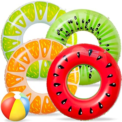 90shine 5PCS Fruit Pool Floats Watermelon Kiwi Orange Lemon Swimming Rings with 13.5″ Beach Ball – Inflatable Tubes Floaties Toys for Kids Adults post thumbnail image