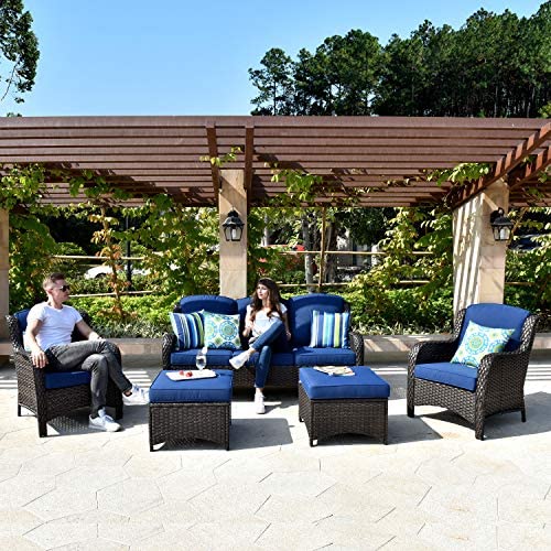 XIZZI Patio Furniture Sets Outdoor Furniture Conversation Set 5 Pieces All Weather Wicker High Back Sofa with Ottomans,Brown Wicker Navy Blue post thumbnail image