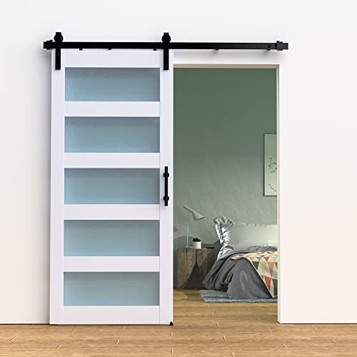 Orgerphy 30in x 84in Glass Barn Door with 5FT Sliding Barn Door Hardware Kit Included & Handle, Floor Guide Assemble| Farm Door| Pre-Drilled Holes, MDF Inside Covered with Waterproof Coating, White post thumbnail image