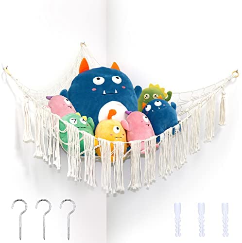 Stuffed Animal Toy Hammock Macrame, Hanging Organizer Pet Net Holder Boho Display Corner Plush Toy 3 nails for Girl Nursery Playroom Bedroom Kids Room (45inch) post thumbnail image