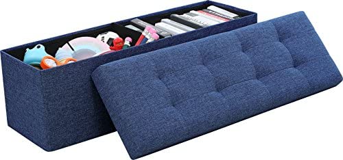 Ornavo Home Foldable Tufted Linen Large Storage Ottoman Bench Foot Rest Stool/Seat – 15″ x 45″ x 15″ (Navy) post thumbnail image