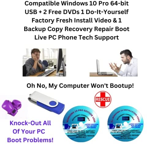 Compatible Windows 10 Pro 64-bit USB + 2 Free DVDs 1 Do-It-Yourself Factory Fresh Install Video & 1 Backup Copy Recovery Repair Boot Live PC Phone Tech Support post thumbnail image