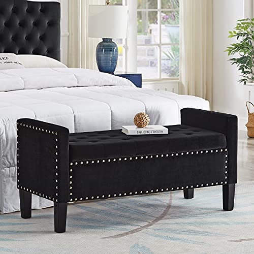 24KF Velvet Modern Upholstered Tufted Button Storage Bench with Arms for Bedroom,Entryway Living Room Soft Padded Seat-Black post thumbnail image