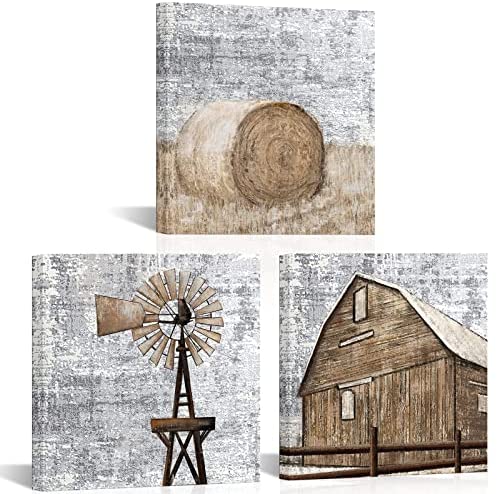 AtGoWac Rustic Windmill Painting Canvas Wall Art Farmhouse Wall Decor Country Landscape Painting Framed for Dining Room Kitchen Decor 12″x12″x3 Pieces post thumbnail image