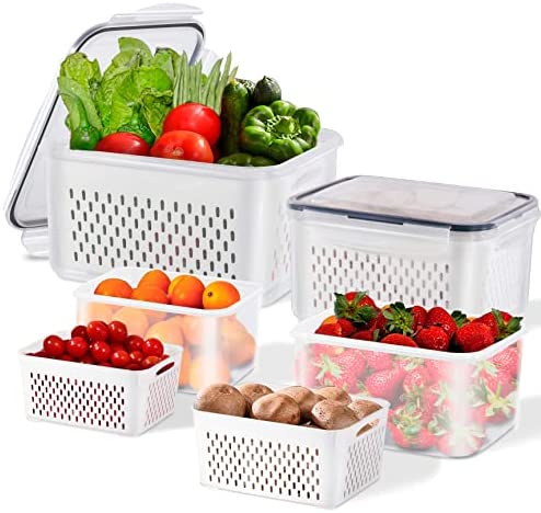 Fruit Storage Containers For Fridge Organizer Vegetable Fresh Food Keeper Produce Saver Refrigerator Reusable 4 Pack Box Multi-Size Large Capacity with Lid & Colander for Home Kicthen Travel Set post thumbnail image