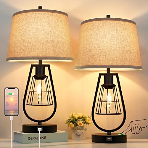 Set of 2 Industrial Touch Control Table Lamps with USB Port, 3-Way Dimmable Farmhouse Bedside Nightstand 2-Lights Lamps for Bedroom Living Room Reading, Cream Fabric, Black Metal Base, Bulbs Included post thumbnail image