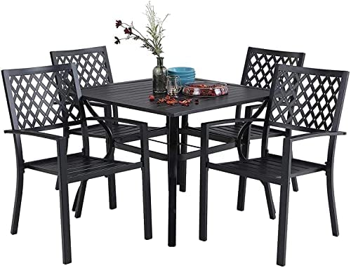 PHI VILLA 5 Piece Metal Patio Dining Set, Outdoor Furniture Set with 4 Stackable Chairs and 37″ Square Dining Table – Umbrella Hole 1.57″ post thumbnail image