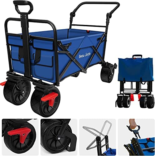 BEAU JARDIN Folding Beach Wagon Cart with Brake Free Standing Collapsible Utility Camping Grocery Canvas Fabric Portable Rolling Buggies Outdoor Garden Sport Heavy Duty Shopping Push Blue BG237 post thumbnail image