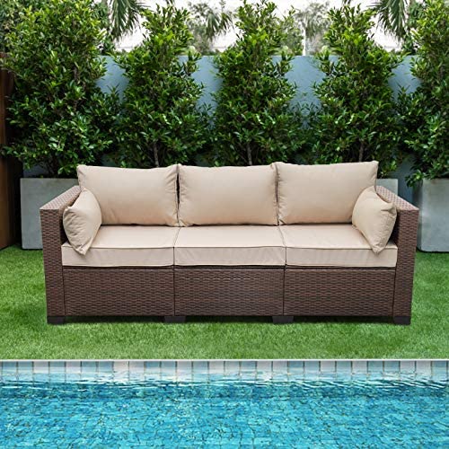 WAROOM Patio Couch PE Wicker 3-Seat Outdoor Brown Rattan Sofa Deep Seating Furniture with Non-Slip Beige Cushion post thumbnail image