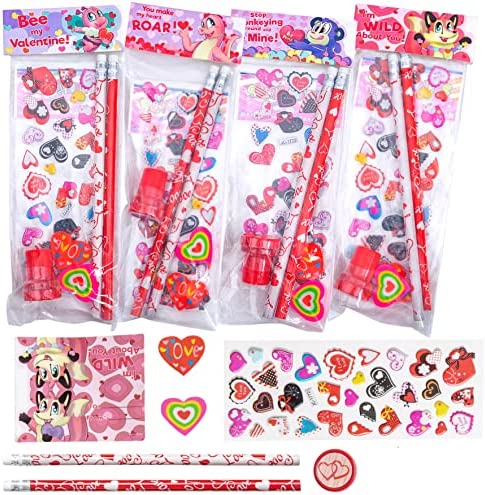 JOYIN 28 Pack Valentines Day Stationery Kids Gift Set for School Classmates Exchange Gift, Valentine Party Favor, Includes Pencils, Erasers, Stamper, Stickers post thumbnail image