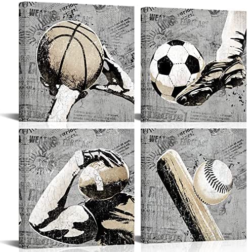 KLVOS Sports Canvas Wall Art Grey Basketball Football Baseball Soccer Picture Prints Art Decor for Kids Boys Room Classroom Framed Ready to Hang 12″X12″X4 Panel post thumbnail image