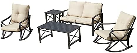 LOKATSE HOME 5 Pieces Patio Conversation Set Outdoor Metal Furniture Padded Deep Seating with Loveseat, 2 Rocking Chairs and 2 Coffee Table, Khaki post thumbnail image