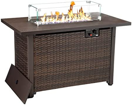 42 Inch Outdoor Propane Gas Fire Pit Table, 50,000 BTU Auto-Ignition Gas Firepit with Glass Wind Guard, Alloy Wood Grain Tabletop by HANLIKO-Brown post thumbnail image