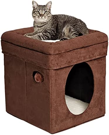 MidWest 137-BR “The Original” Curious Cat Cube, Cat House / Cat Condo in Brown Faux Suede & Synthetic Sheepskin post thumbnail image