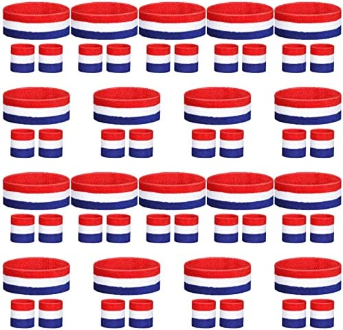 Striped Sweatband Headbands Wristbands for Women Men Cotton Athletic Sweat Bands for Boys Girls Workout Basketball Running Tennis Outdoor, Red Blue White (18 Set) post thumbnail image