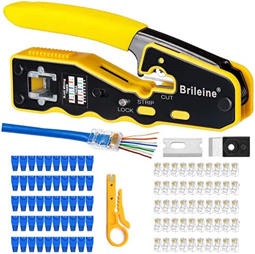 Brileine RJ45 Crimp Tool Pass Through RJ45 Crimper All-in-one Ethernet Crimper Kit with 50PCS Cat5e Cat6 RJ45 Pass Through Connectors, 50PCS Covers, Mini Wire Stripper post thumbnail image