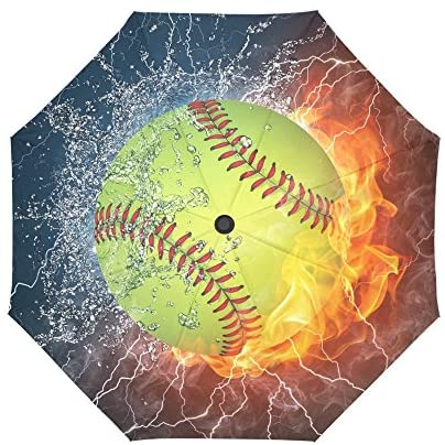 InterestPrint Softball in Fire and Water Windproof Automatic Open and Close Folding Umbrella,Vintage Sports Travel Lightweight Outdoor Umbrella Rain and Sun post thumbnail image