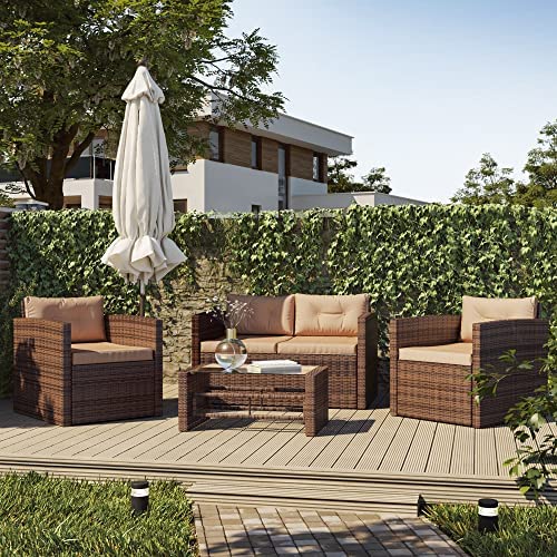 BELLEZE 4 Piece Deep Seating Rattan Patio Conversation Set, Tempered Glass Rectangular Table and Chairs with Armrests, Outdoor Wicker Furniture with Removable Cushions – Brown post thumbnail image