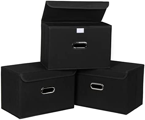 SEVENDOME Fabric Foldable Collapsible Storage Cube Bin Organizer Basket with Lid, Handles, Removable Divider for Home, Closet (Black, 3Pcs) post thumbnail image