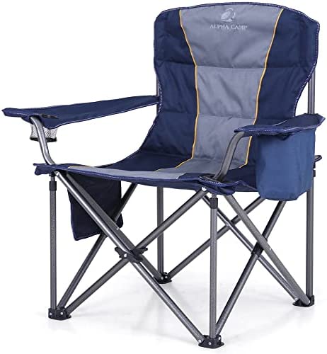 ALPHA CAMP Oversized Camping Folding Chair Heavy Duty Lawn Chair with Cooler Bag Support 450 LBS Steel Frame Collapsible Padded Arm Chair Quad Lumbar Back Chair Portable for Outdoor,Blue post thumbnail image