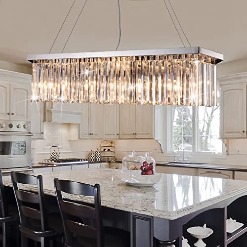 Rectangle Chandelier for Dining Room, Modern Luxury Chrome Pendant Ceiling Light Fixtures, Rectangle Raindrop Crystal Chandeliers Lamp Fixture for Kitchen Island, Living Room, Bar of CRYSTOP post thumbnail image