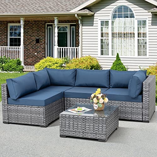 Shintenchi 5 Pieces Outdoor Patio Sectional Sofa Couch,Silver PE Wicker Furniture Sets,Patio Conversation Sets with Washable Cushions Glass Coffee Table for Garden,Poolside,Backyard,Aegean Blue post thumbnail image