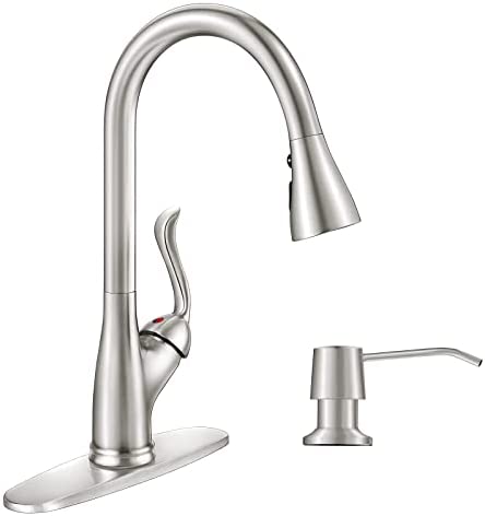 APPASO Patented Kitchen Faucet with Pull Down Sprayer and Soap Dispenser – Single Handle Stainless Steel Brushed Nickel High Arc Pull Out Kitchen Sink Faucets with Deck Plate post thumbnail image