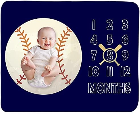 Baby Monthly Milestone Blanket Boy – Newborn Month Blanket Unisex Neutral Personalized Shower Gift Baseball Sports Nursery Decor Photography Background Prop with Frame Large 51”x40” post thumbnail image