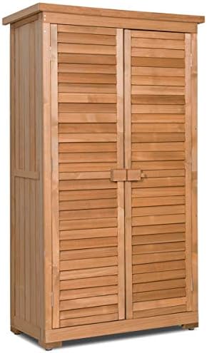 Goplus Outdoor Storage Cabinet, Wooden Garden Shed with Latch & Detachable Shelves & Pitch Roof, Vertical Organizer for Outside Yard Patio Deck Natural post thumbnail image