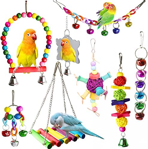 ESRISE 8 Pcs Parakeet Cockatiel Bird Toys, Hanging Bell Pet Bird Cage Hammock Swing Toy Wooden Perch Chewing Toy for Budgerigar, Conures, Love Birds, Finches, Mynah post thumbnail image