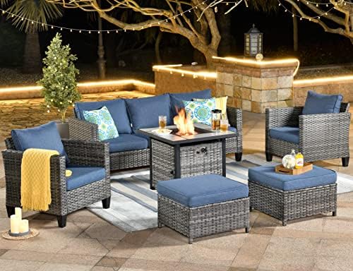 ovios Patio Furniture Sets 6 PCS High Back Outdoor Wicker Rattan Patio Sofa Sectional Set with 30 Inches Square Fire Pit Table for Yard Garden Porch (Denim Blue) post thumbnail image