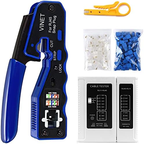 VINET RJ45 Crimp Tool Pass Through Crimping Tool Kit for Ethernet Cat5 Cat5e Cat6 Connectors with Cable Tester , 50/50 Cat6 Ends and Straid Relief Boots and Wire Stripper post thumbnail image