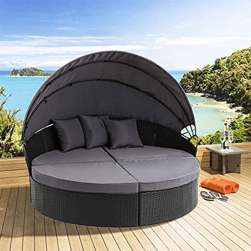 Omelaza Outdoor Round Daybed Sofas Patio Furniture with Canopy, Black Wicker, 4 Pieces Seating Separates Cushioned Seats, for Lawn, Poolside, Garden (Black) post thumbnail image