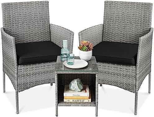 Best Choice Products 3-Piece Outdoor Wicker Conversation Bistro Set, Space Saving Patio Furniture for Yard, Garden w/ 2 Chairs, 2 Cushions, Side Storage Table – Gray/Black post thumbnail image