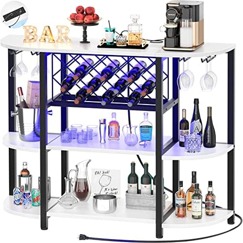 Unikito Bar Table Cabinet with Charging Station,Wine Rack Table with LED light, Wine Bar Cabinet with Storage, Freestanding Floor Bar Cabinet for Liquor and Glasses for Home Kitchen Dining Room, White post thumbnail image