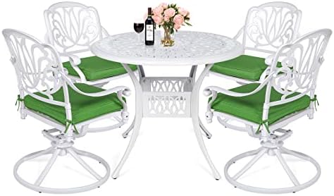 MEETWARM 5-Piece Outdoor Patio Dining Set, All-Weather Cast Aluminum Patio Conversation Set for Backyard Garden Deck with 4 Cushions Swivel Rocker Chairs and 35.4″ Round Table, White post thumbnail image