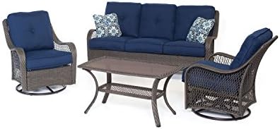 Hanover Piece All-Weather Weave Orleans Steel Patio Set with Gray Wicker, Sofa, Blue Cushions, 4 Pillows and Glass Top Rectangular Coffee Table, ORLEANS4PCSW-G-NVY, Navy/Grey post thumbnail image