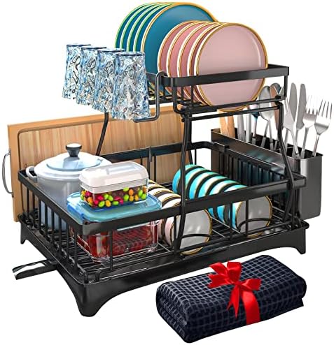 Godboat Dish Drying Rack, 2-Tier Dish Racks for Kitchen Counter, Dish Rack with Drainboard and Dryer Mat, Dish Drainer with Glass & Utensil Holder, Gifts and Gadgets for RV and Camping (Black) post thumbnail image