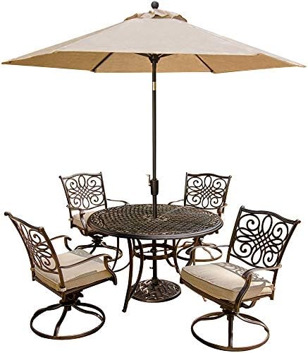 Hanover Furniture 5 Piece Deep Chair Traditions Rust-Free Outdoor Patio Set withTan Cushions, 4 Swivel Rockers and Aluminum Round Dining Table with Umbrella, TRADITIONS5PCSW-SU, Tan post thumbnail image