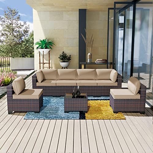 Kullavik Patio Furniture 7 Pieces Outdoor Sectional PE Rattan Sofa Set Brown Manual Wicker Patio Conversation Set with 6 Sand Seat Cushions and 1 Tempered Glass Tea Table post thumbnail image