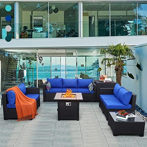 Outdoor Furniture Sets Fire Table 6 PCS Patio Furniture Set Gas Fire Pit Table with Outdoor Storage Box Glass Coffee Table and Waterproof Covers Anti-Slip Royal Blue Cushions post thumbnail image