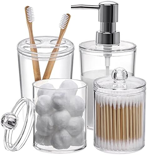 Plastic Clear Bathroom Accessories Set Complete 4 Pcs – Soap Dispenser, 2 Qtip Holder Jars and Toothbrush Holder, Counter Decor post thumbnail image