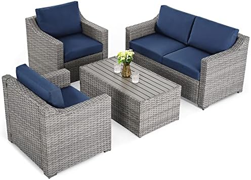 HAPPATIO 4 Piece Patio Conversation Set,Outdoor Sectional,All-Weather Patio Furniture Set(Grey/Blue) post thumbnail image