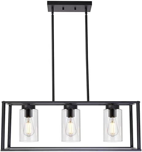 VINLUZ Contemporary Chandeliers Black 3 Light Modern Dining Room Lighting Fixtures Hanging, Kitchen Island Cage Linear Pendant Lights Farmhouse Flush Mount Ceiling Light with Glass Shade post thumbnail image