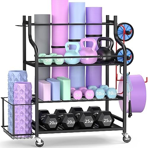 Mythinglogic Yoga Mat Storage Racks,Home Gym Storage Rack for Dumbbells Kettlebells Foam Roller, Yoga Strap and Resistance Bands, Workout Equipment Storage Organizer With Hooks and Wheels post thumbnail image