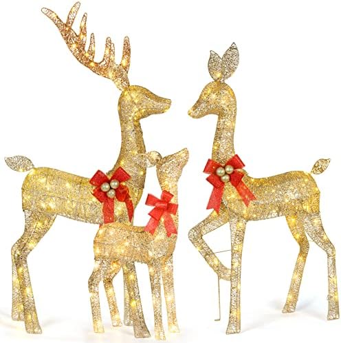 Lighted Christmas Decoration Deer 3 Piece, HOYECHI Light up Christmas Decor Reindeer Family Set for Indoor Outdoor Front Yard Porch with LED Lights, Battery Box, Plug, Ground Stakes – Gold post thumbnail image